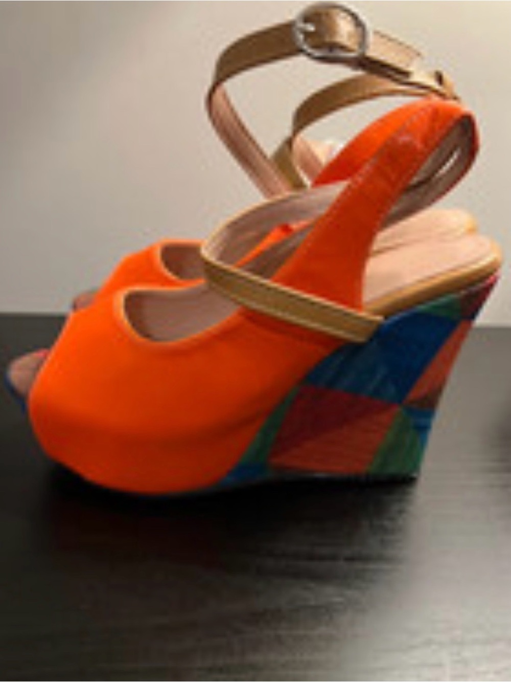 Womens Orange Wedge Sandals with Multicolor Geometric Heel